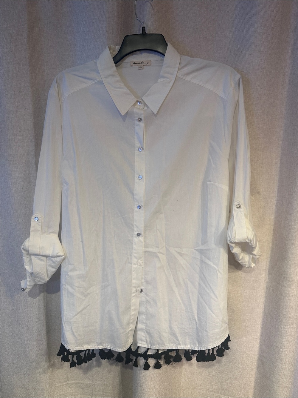 Jane and Delancey White Button-Front Shirt with Black Tassel Trim